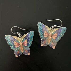 Vintage Gold Toned Enamel Butterfly Earrings